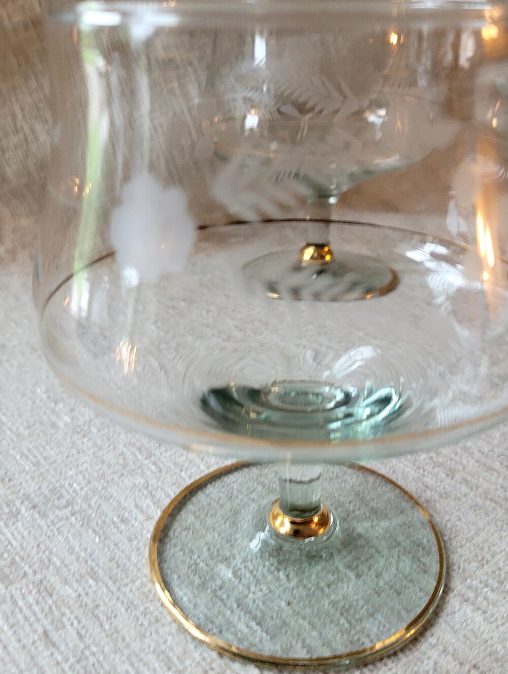 Murano Crystal Gold Stems Brandy Snifters (set of 3) - Etched Floral Vines